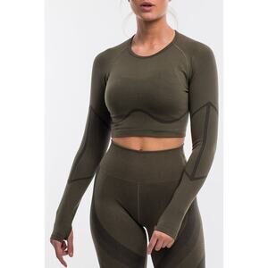 Arise Surge By Echt Womens Long Sleeve Athletic Crop Top Thumb Holes Olive Green